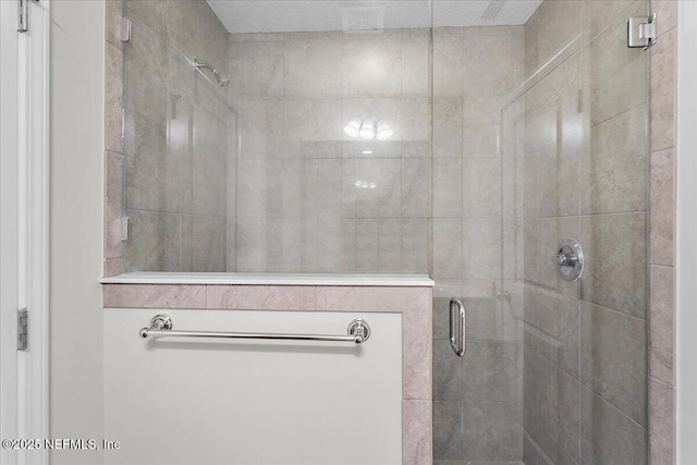 bathroom with a shower with shower door