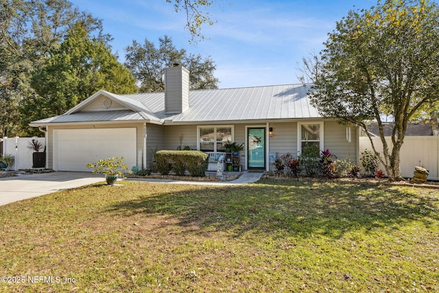 ranch-style house featuring a front lawn, covered porch, and a garage