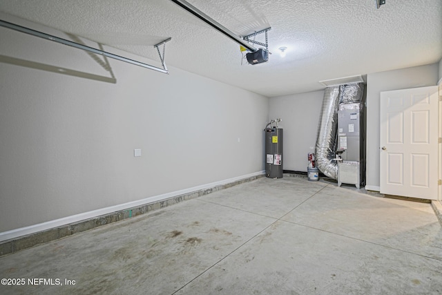 garage featuring heating unit, electric water heater, and a garage door opener