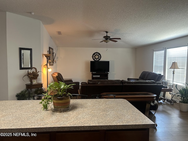 kitchen featuring ceiling fan, dark hardwood / wood-style floors, and a textured ceiling