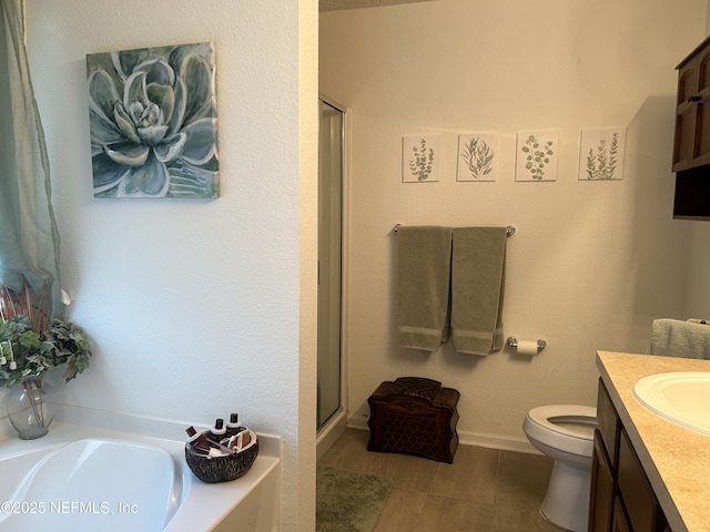 full bathroom with shower with separate bathtub, vanity, toilet, and tile patterned floors