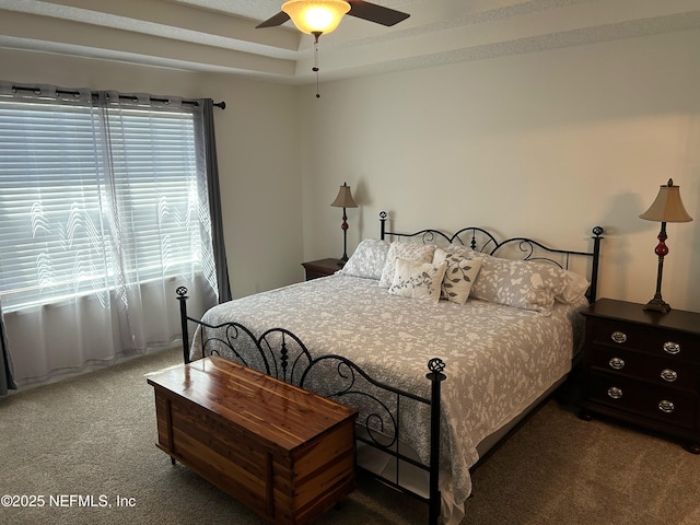 bedroom with carpet flooring, a tray ceiling, and ceiling fan