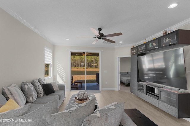 living room featuring crown molding, ceiling fan, a textured ceiling, and light wood-type flooring