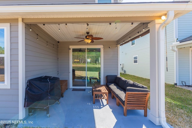 view of patio featuring area for grilling, an outdoor hangout area, and ceiling fan