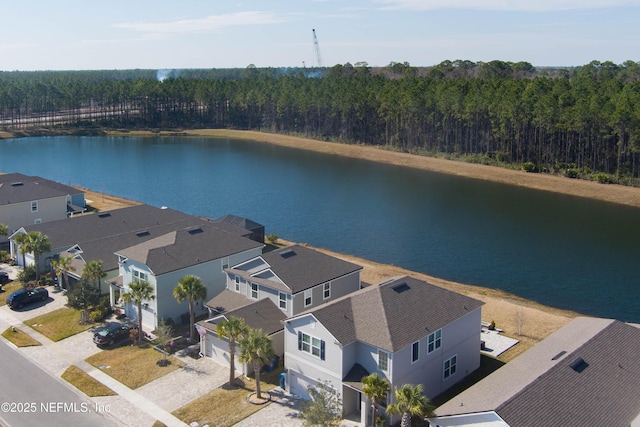 bird's eye view with a water view