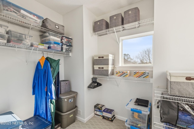 spacious closet featuring light colored carpet