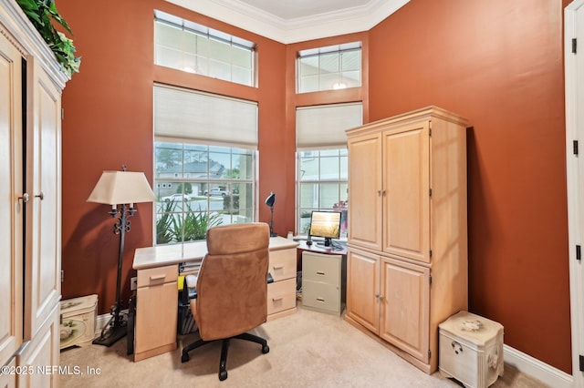 carpeted office space with crown molding