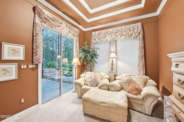 sitting room with ornamental molding, carpet flooring, and a raised ceiling