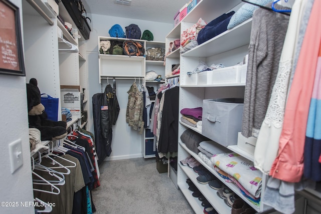 walk in closet with light carpet