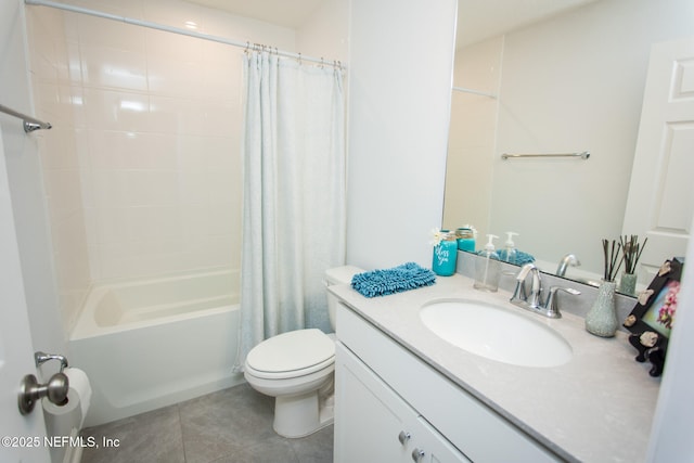 full bathroom featuring tile patterned floors, vanity, shower / bath combination with curtain, and toilet