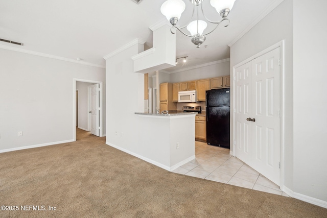 kitchen with black refrigerator, light brown cabinets, ornamental molding, light carpet, and an inviting chandelier