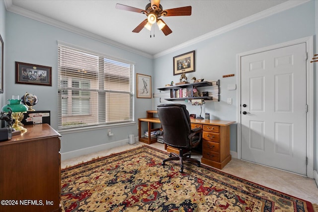 tiled home office featuring ceiling fan and ornamental molding