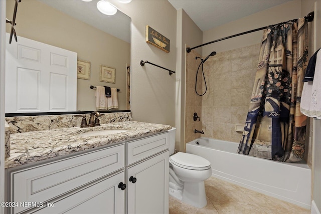 full bathroom featuring tile patterned floors, vanity, toilet, and shower / tub combo with curtain