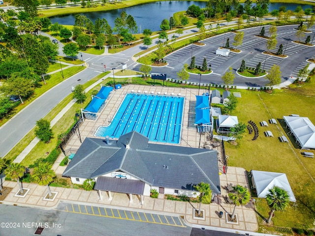 drone / aerial view featuring a water view