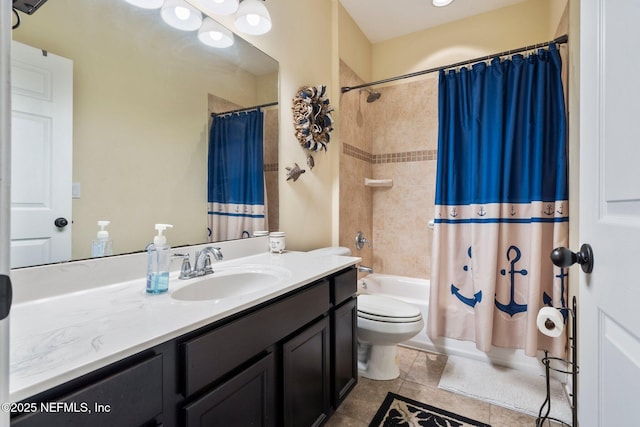 full bathroom with shower / bath combo, vanity, and toilet