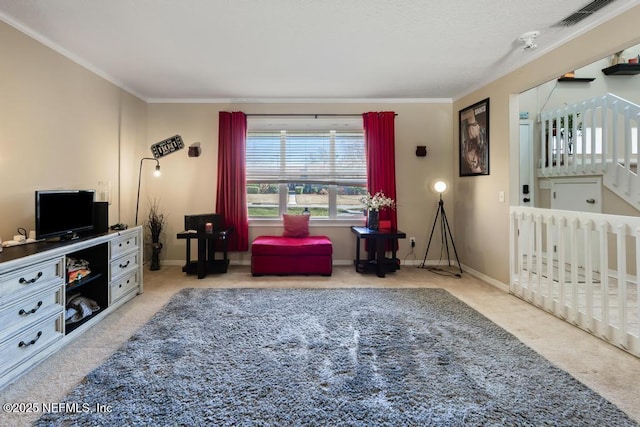 bedroom featuring light carpet and ornamental molding