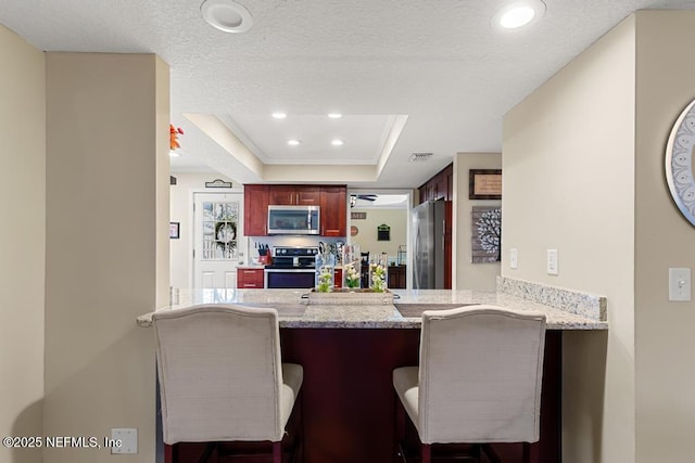 kitchen featuring a raised ceiling, appliances with stainless steel finishes, light stone counters, and kitchen peninsula