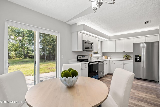 kitchen featuring white cabinets, stainless steel appliances, and a textured ceiling