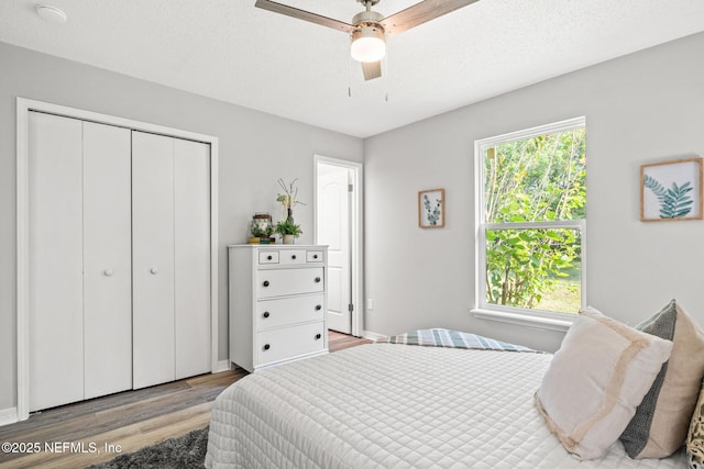 bedroom featuring ceiling fan, a closet, a textured ceiling, and light hardwood / wood-style flooring