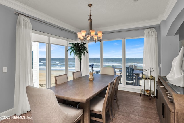 dining area with a beach view, dark hardwood / wood-style flooring, an inviting chandelier, and a water view