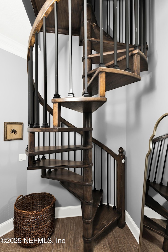 stairway featuring ornamental molding and hardwood / wood-style flooring