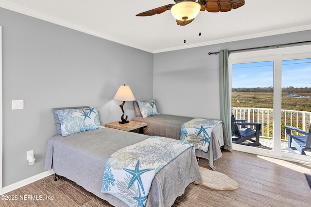 bedroom with ornamental molding, wood-type flooring, ceiling fan, and access to exterior