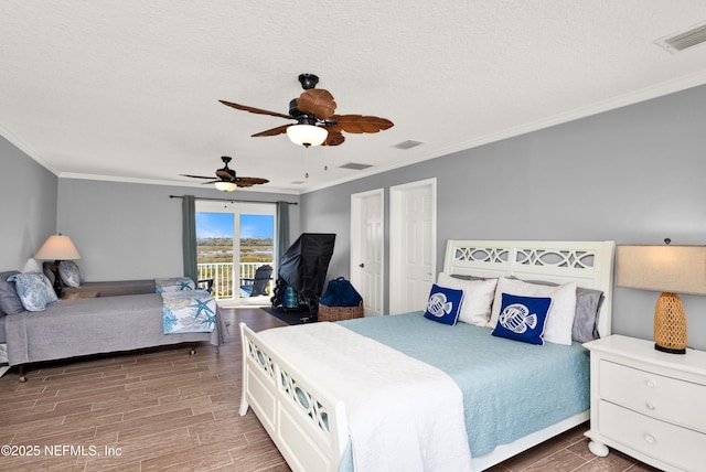 bedroom with access to outside, a textured ceiling, ceiling fan, and crown molding