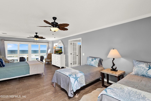 bedroom featuring ornamental molding, french doors, ceiling fan, and dark hardwood / wood-style flooring