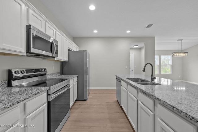 kitchen featuring light stone countertops, white cabinetry, sink, and appliances with stainless steel finishes