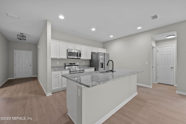 kitchen with a kitchen island with sink, white cabinetry, sink, and appliances with stainless steel finishes