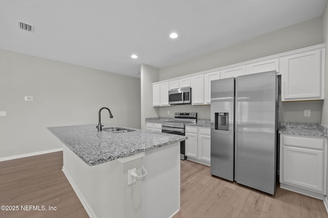 kitchen featuring a kitchen island with sink, sink, light stone countertops, appliances with stainless steel finishes, and white cabinetry