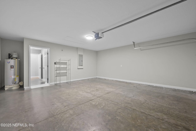 garage with electric panel, a garage door opener, and gas water heater