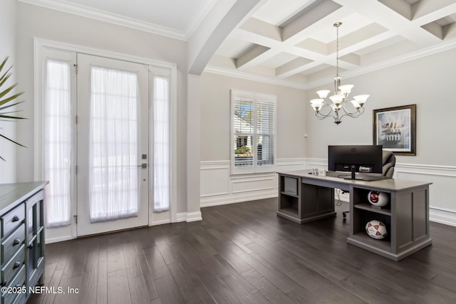 office space featuring crown molding, dark wood-type flooring, an inviting chandelier, beam ceiling, and coffered ceiling