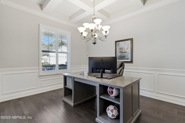 home office with coffered ceiling, dark wood-type flooring, and beamed ceiling