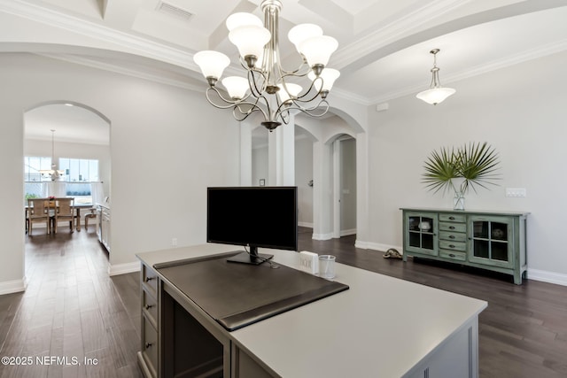 office with crown molding, a notable chandelier, and dark hardwood / wood-style flooring