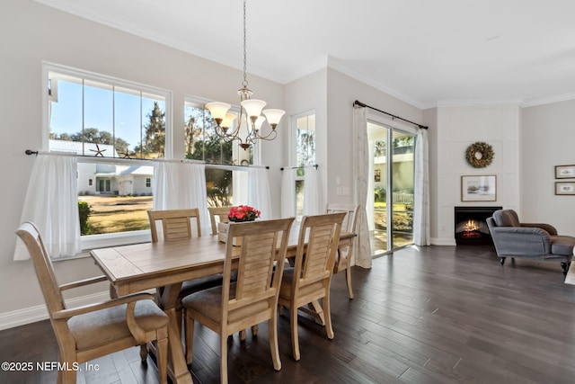 dining space with a notable chandelier, crown molding, dark hardwood / wood-style floors, and a large fireplace