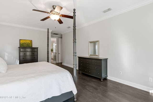 bedroom featuring dark wood-type flooring, ceiling fan, and ornamental molding