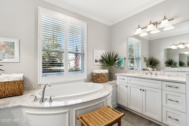 bathroom featuring crown molding, plenty of natural light, a bathing tub, and vanity