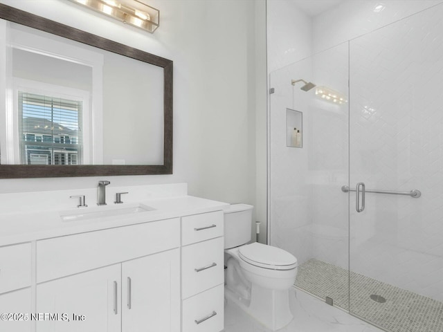 bathroom with vanity, toilet, and a shower with shower door