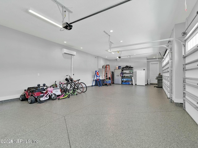 garage featuring white fridge, a garage door opener, and a wall unit AC