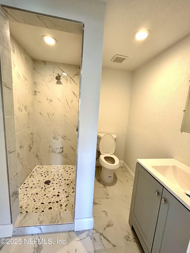 bathroom with vanity, toilet, and tiled shower