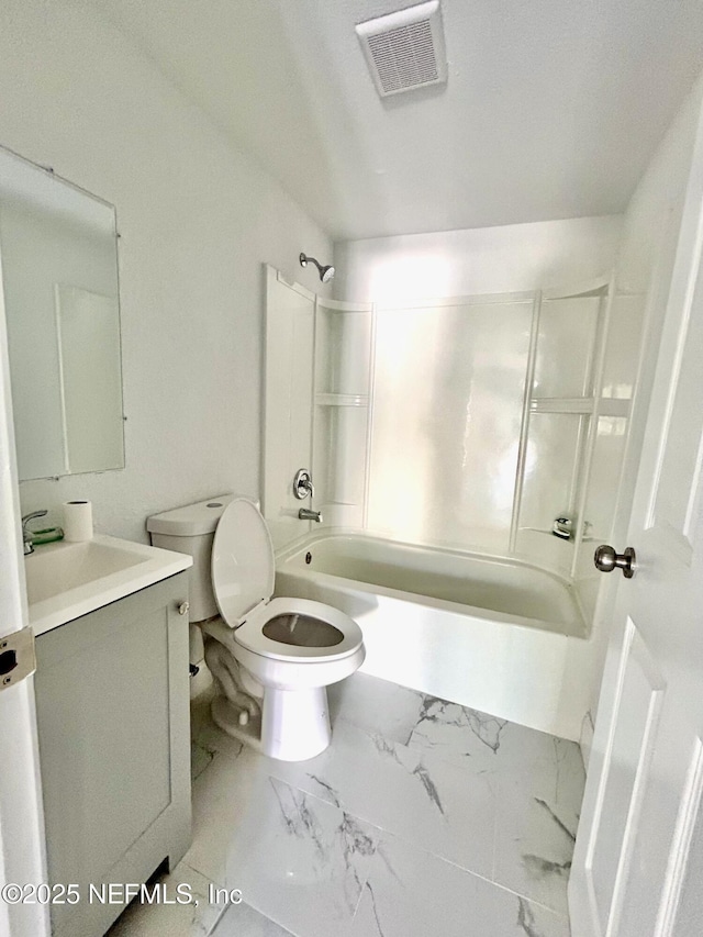 full bathroom featuring vanity, toilet, and shower / washtub combination