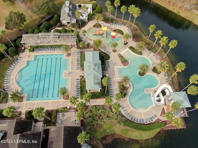 birds eye view of property featuring a water view