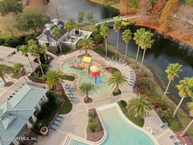 aerial view featuring a water view