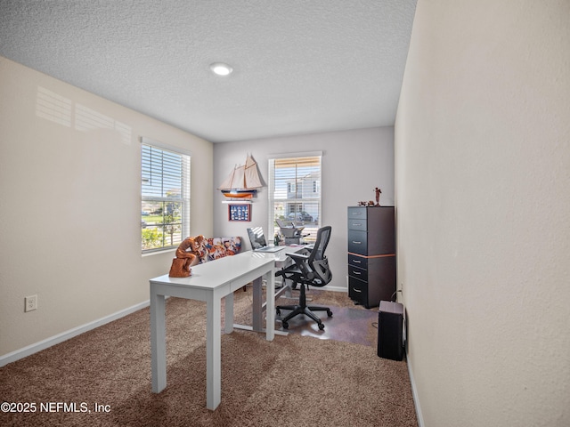 carpeted office with a textured ceiling