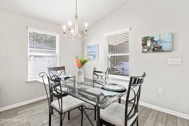 dining area with lofted ceiling and a chandelier