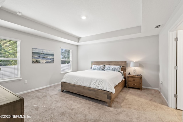 carpeted bedroom with multiple windows and a raised ceiling