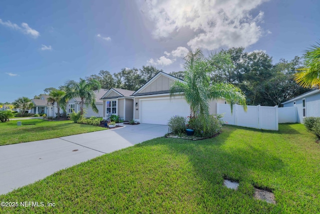 ranch-style home with a garage and a front lawn