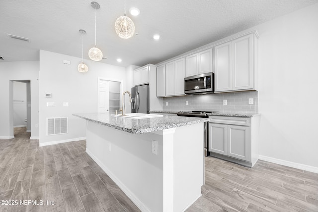 kitchen with pendant lighting, appliances with stainless steel finishes, white cabinetry, backsplash, and a center island with sink