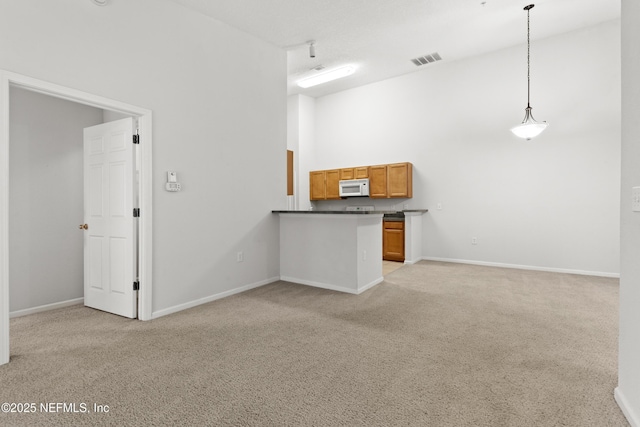 interior space featuring light colored carpet